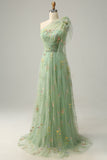 A-Line One Shoulder Green Long Prom Dress With Embroidery