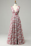 Grey and Pink Floral Long Bridesmaid Dress