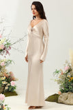 V-Neck Champagne Long Bridesmaid Dress with Sleeves