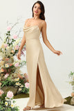 Spaghetti Straps Champagne Wedding Guest Dress with Slit