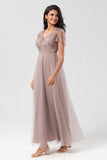 Confidently Charismatic A Line V Neck Dusty Blue Long Bridesmaid Dress with Beading