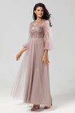 Chic Romantic A Line Jewel Neck Dusty Rose Long Bridesmaid Dress with Long Sleeves