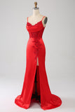 Satin Mermaid Beaded Red Prom Dress with Slit