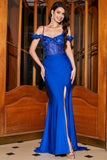 Trendy Mermaid Off the Shoulder Royal Blue Corset Prom Dress with Appliques