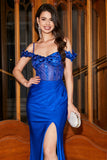 Trendy Mermaid Off the Shoulder Royal Blue Corset Prom Dress with Appliques