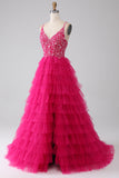 Fuchsia Princess A-Line Spaghetti Straps Sequin Tiered Long Prom Dress with Slit