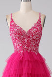 Fuchsia Princess A-Line Spaghetti Straps Sequin Tiered Long Prom Dress with Slit