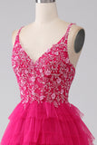 Fuchsia Princess A-Line Spaghetti Straps Sequin Tiered Long Prom Dress with Slit