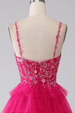 Fuchsia Princess A-Line Spaghetti Straps Sequin Tiered Long Prom Dress with Slit