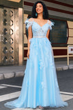 Light Blue A Line Off the Shoulder Long Corset Prom Dress With Feather