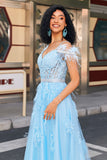 Light Blue A Line Off the Shoulder Long Corset Prom Dress With Feather