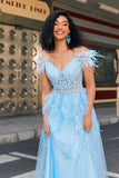 Light Blue A Line Off the Shoulder Long Corset Prom Dress With Feather