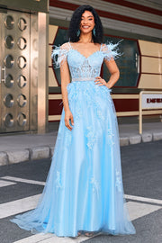 Light Blue A Line Off the Shoulder Long Corset Prom Dress With Feather