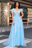 Light Blue A Line Off the Shoulder Long Corset Prom Dress With Feather