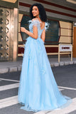 Light Blue A Line Off the Shoulder Long Corset Prom Dress With Feather