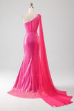 Sparkly Fuchsia Mermaid One Shoulder Appliques Prom Dress With Slit