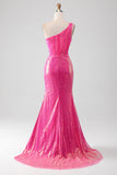 Sparkly Fuchsia Mermaid One Shoulder Appliques Prom Dress With Slit