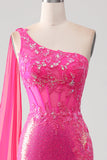 Sparkly Fuchsia Mermaid One Shoulder Appliques Prom Dress With Slit