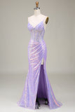 Sparkly Mermaid Light Purple Corset Prom Dress with Slit