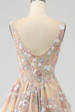 Luxurious A Line Square Neck Champagne Corset Prom Dress with Appliques