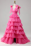 Princess A-Line V-Neck Fuchsia Prom Dress With Slit