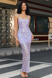 Light Purple Sheath Spaghetti Straps Backless Long Prom Dress