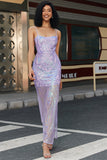 Light Purple Sheath Spaghetti Straps Backless Long Prom Dress