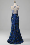 Royal Blue Mermaid Spaghetti Straps Sequins Prom Dress With Slit