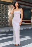 Pink Sheath Spaghetti Straps Long Prom Dress With Slit