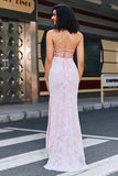 Pink Sheath Spaghetti Straps Long Prom Dress With Slit