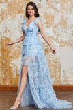 Princess A Line V Neck Blue Long Prom Dress with Ruffles Slit