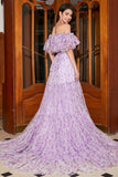 Gorgeous A Line Off the Shoulder Lilac Floral Long Prom Dress with Ruffles