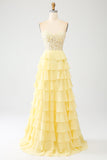 Yellow Sweetheart Tiered Prom Dress