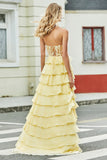 Gorgeous A Line Sweetheart Yellow Corset Prom Dress with Appliques Ruffles