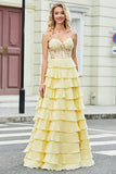 Gorgeous A Line Sweetheart Yellow Corset Prom Dress with Appliques Ruffles