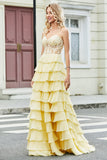 Gorgeous A Line Sweetheart Yellow Corset Prom Dress with Appliques Ruffles