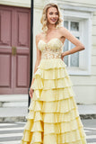 Gorgeous A Line Sweetheart Yellow Corset Prom Dress with Appliques Ruffles