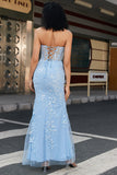 Light Blue Mermaid Sweetheart Appliques Long Corset Prom Dress With Slit