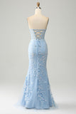 Light Blue Mermaid Sweetheart Corset Appliques Prom Dress With Side Slit