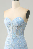 Light Blue Mermaid Sweetheart Corset Appliques Prom Dress With Side Slit