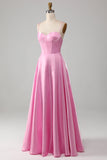 A-Line Spaghetti Straps Pink Corset Prom Dress