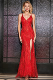 Sparkly Mermaid Spaghetti Straps Red Sequins Long Prom Dress with Criss Cross Back