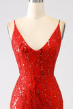 Glitter Red Mermaid Long Sequins Prom Dress with Slit