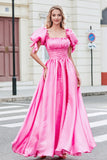 Princess A Line Square Neck Hot Pink Long Prom Dress with Puff Sleeves