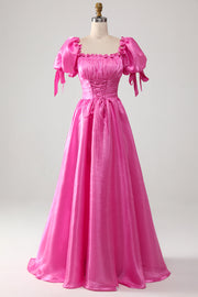 Puff Sleeves Hot Pink Prom Dress with Ruffles