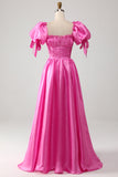 Puff Sleeves Hot Pink Prom Dress with Ruffles