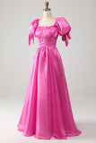 Puff Sleeves Hot Pink Prom Dress with Ruffles