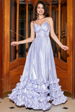 Stunning A Line Spaghetti Straps Lavender Corset Prom Dress with Slit