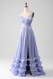 Lavender Spaghetti Straps A Line Ruffles Prom Dress with Slit