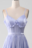 Lavender Spaghetti Straps A Line Ruffles Prom Dress with Slit